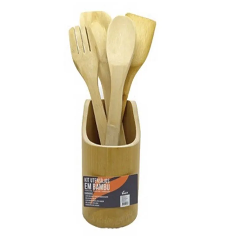 Kit Utensílios em Bambu 5 Peças com Porta-Utensílios – Livon 2568