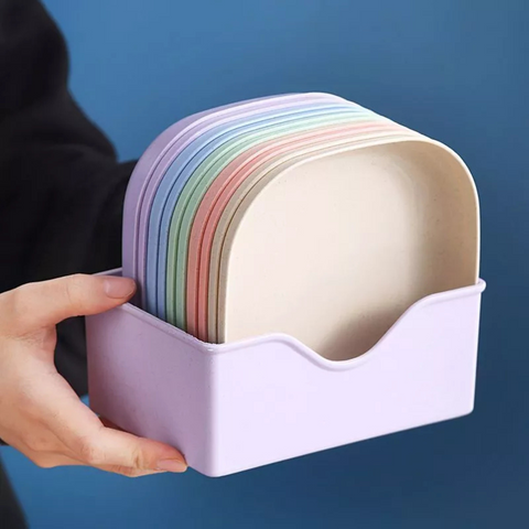 Conjunto 10 Pratos + Escorredor de Plástico Reutilizáveis (Cores Sortidas)