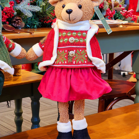URSO MENINA EM PÉ COM VESTIDO VERMELHO 56CM - PRÉ VENDA 2025