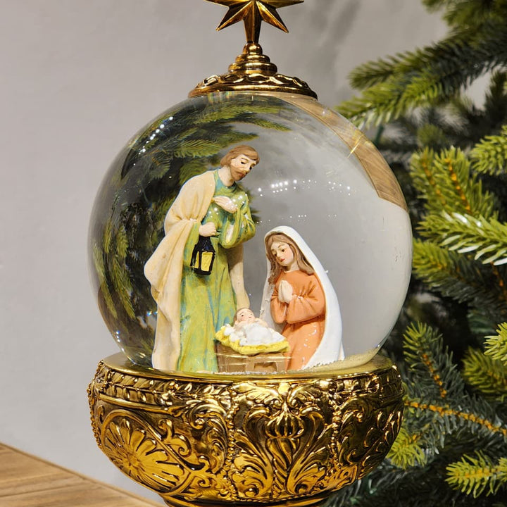 GLOBO DE NEVE COM SAGRADA FAMÍLIA DOURADO LUZ E MOVIMENTO 26,5CM